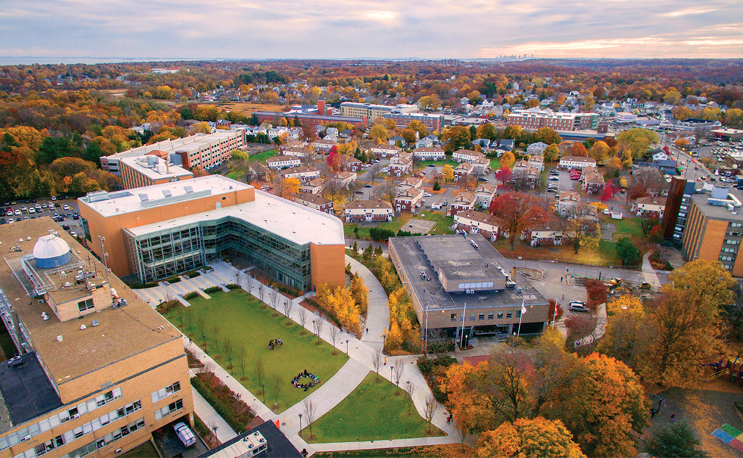 Aerial view of campus at sunset