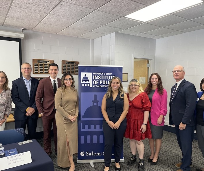 Students and officials group photo at the Countdown to Election 2024 panel