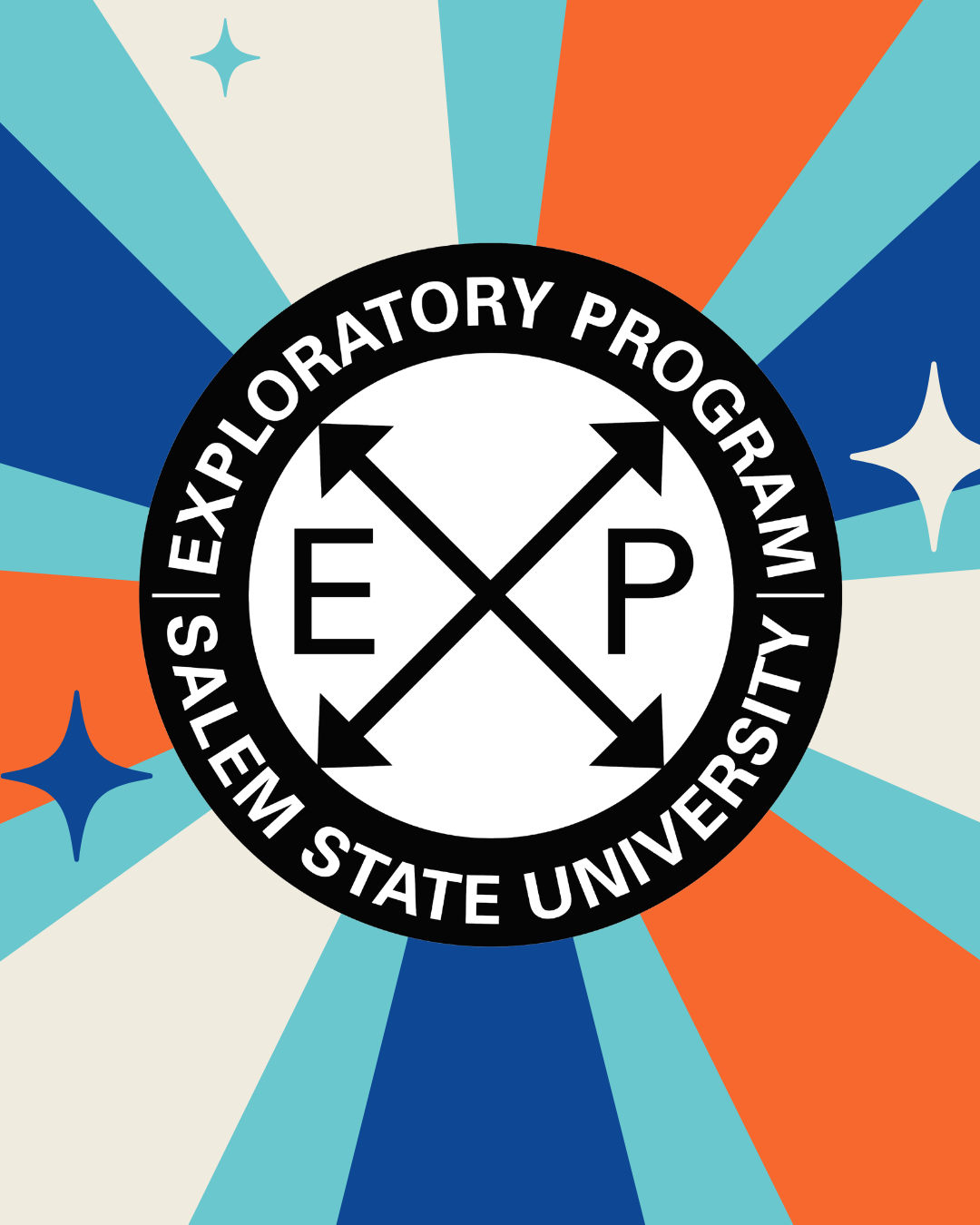 Orange, blue, and white stripes with Exploratory Program Graphic; E X P, with the X as arrows in four directions, all in black text. Surrounded by black ring with white text inside reading "Exploratory Program Salem State University"