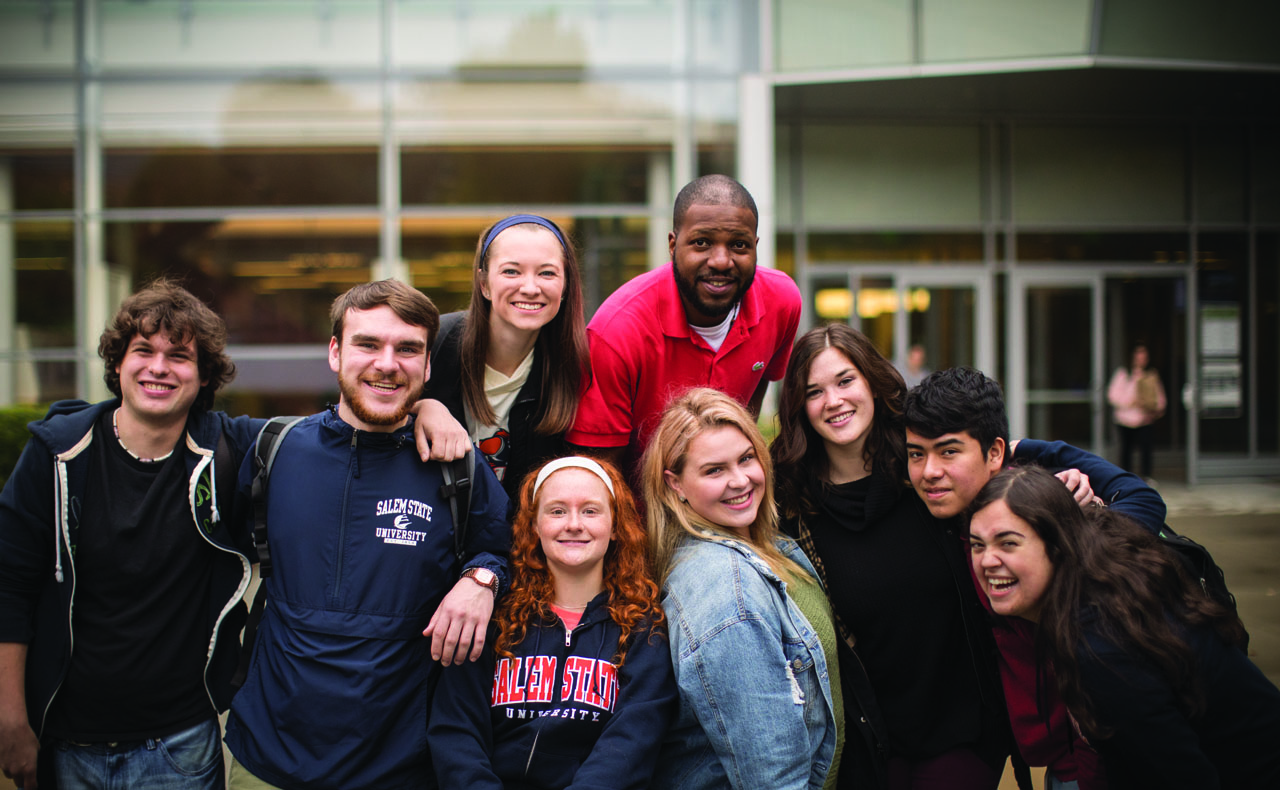 Students in front of the library