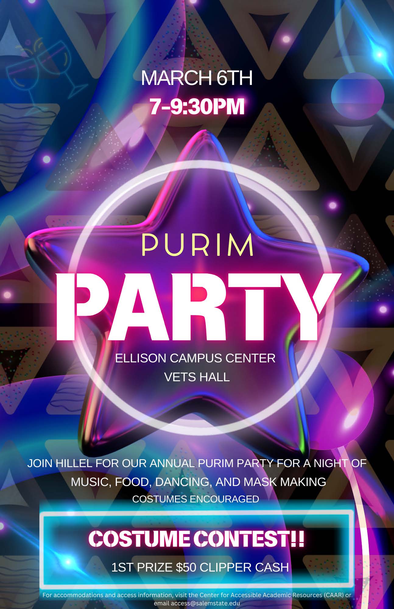 Flyer for Hillel's Purim Party