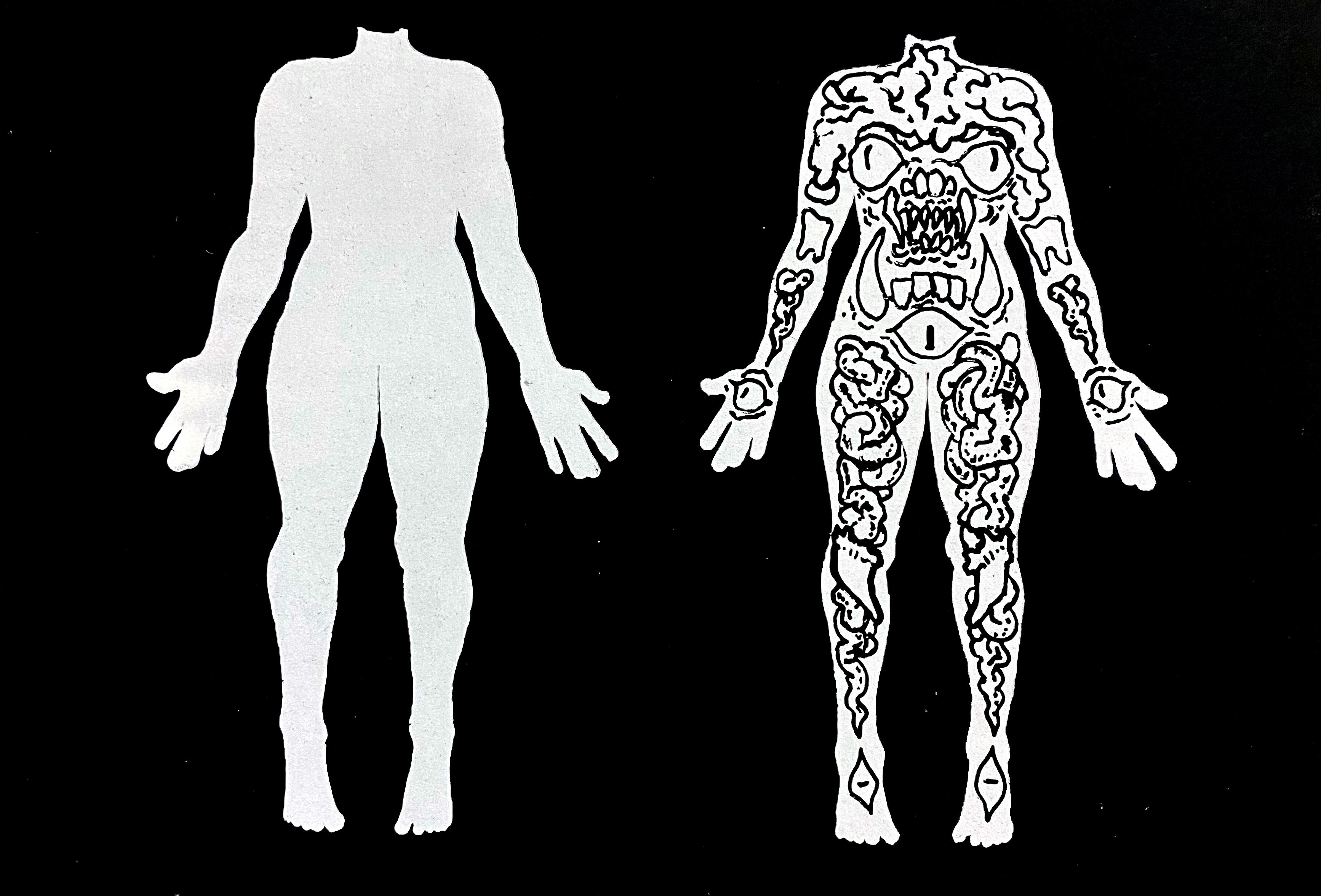 Two headless bodies in relief on a black background 