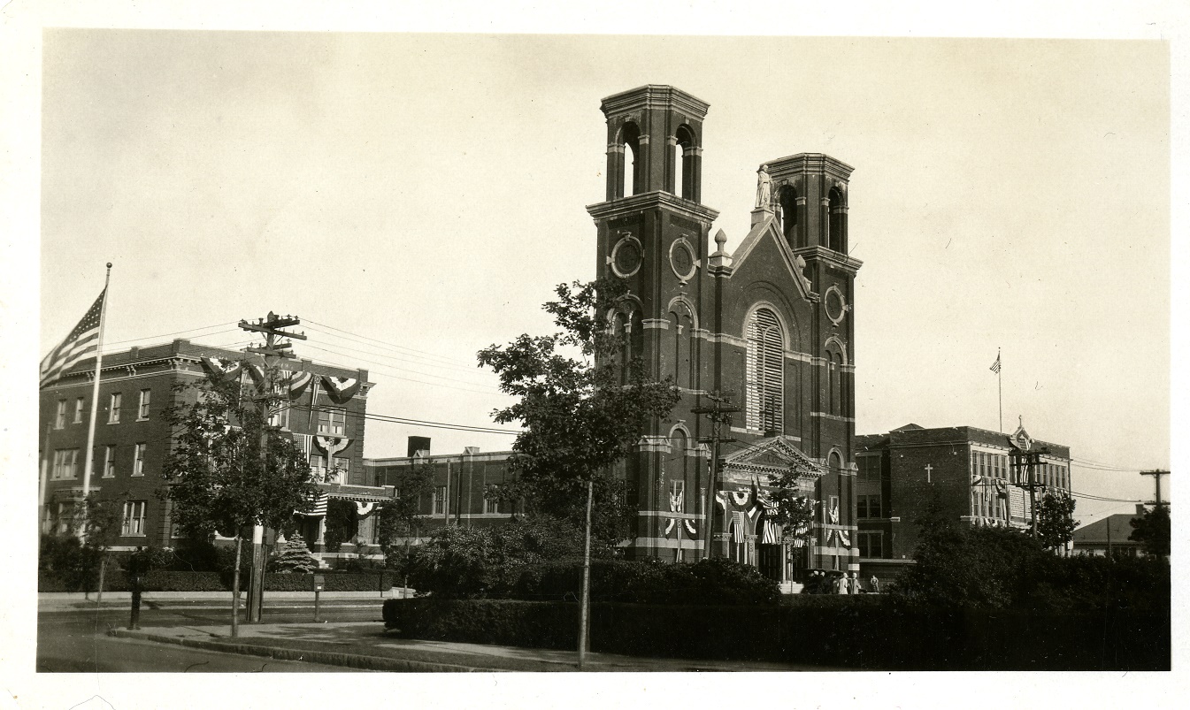 Historic street view of St. Joseph's Church in Salem.