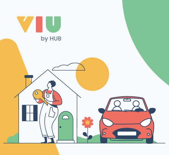 Viu by Hub insurance graphic featureing personal, home and auto images