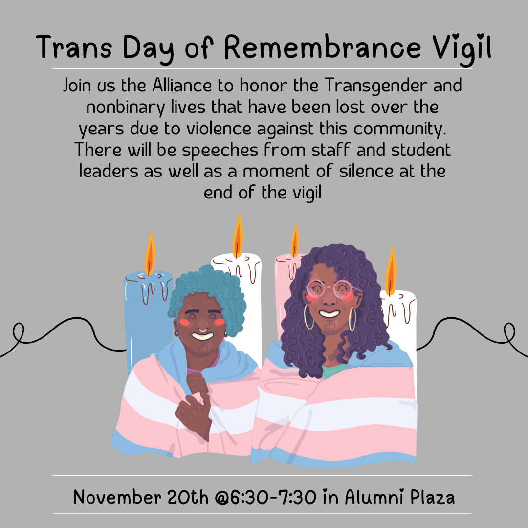 Trans Day of Remembrance flyer. Pictures are two brown individuals wrapped in a trans identity flag, with text describing the event.