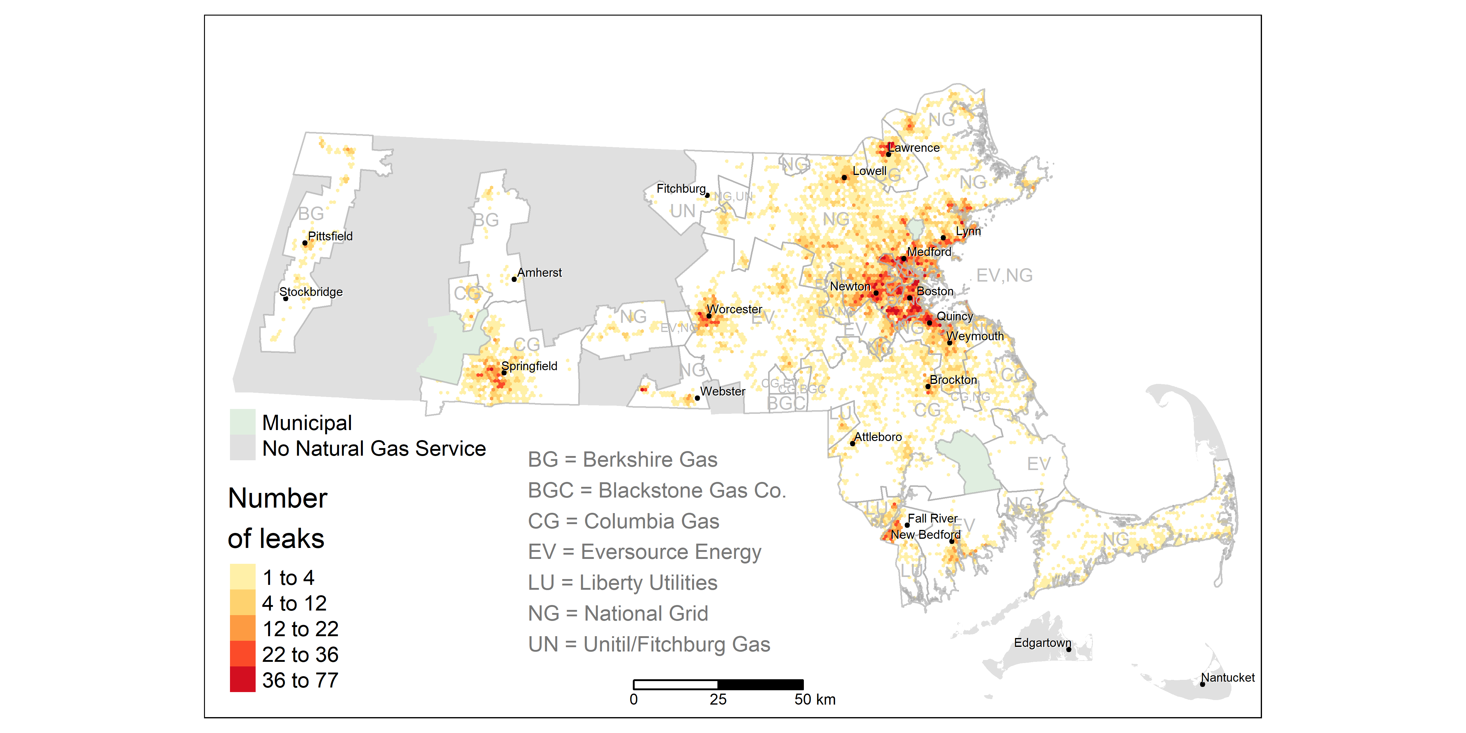 Map of utility-reported gas leak density across Massachusetts in 2019