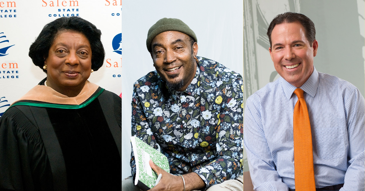 Headshots from left to right: LVCC Inc. President and CEO Pamela Scott; cartoonist and social activist Keith Knight ‘90; Eastern Bank Chief Executive Officer and Chair of the Board Bob Rivers