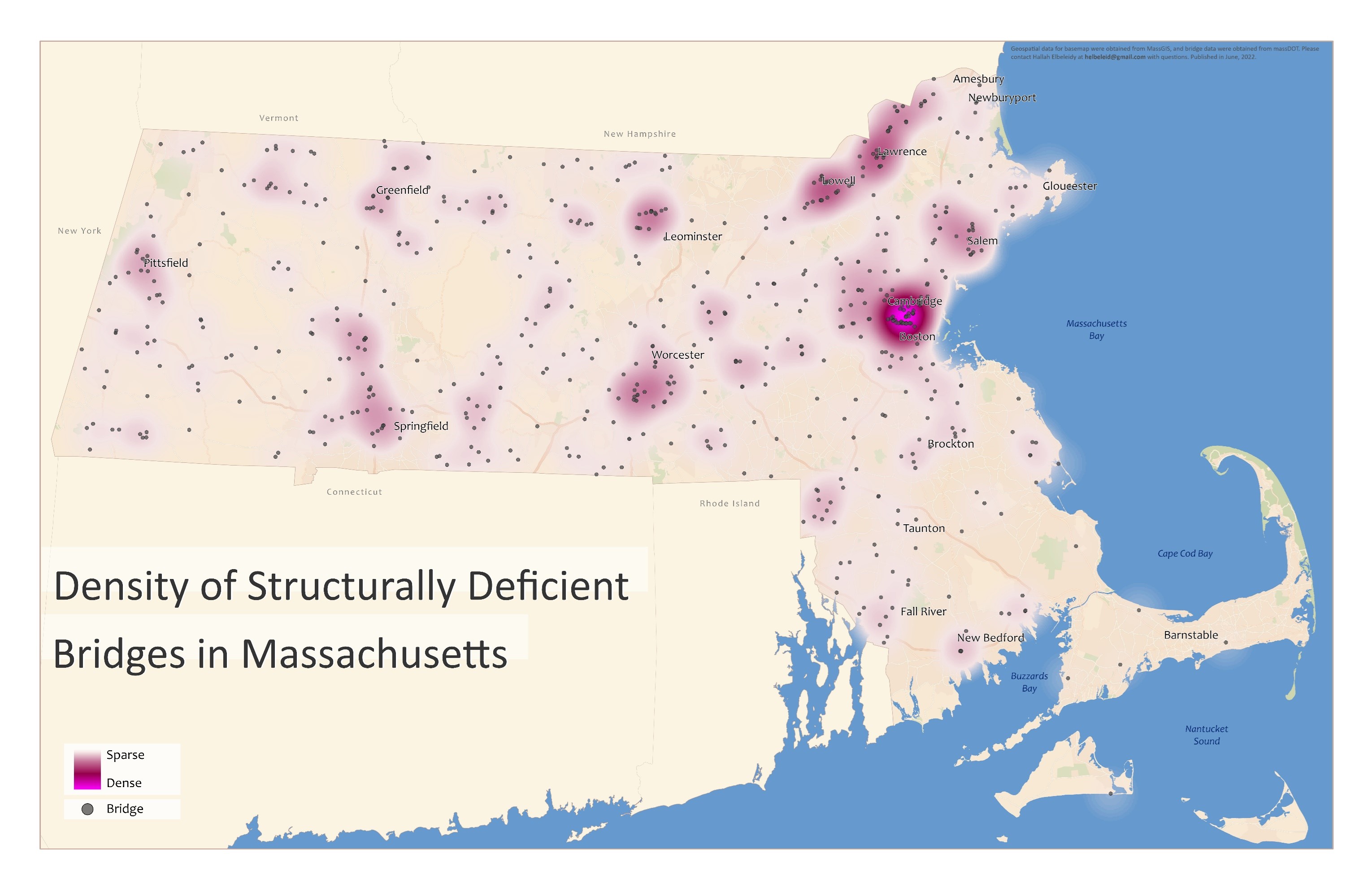 Heat map of structurally deficient bridges across Massachusetts