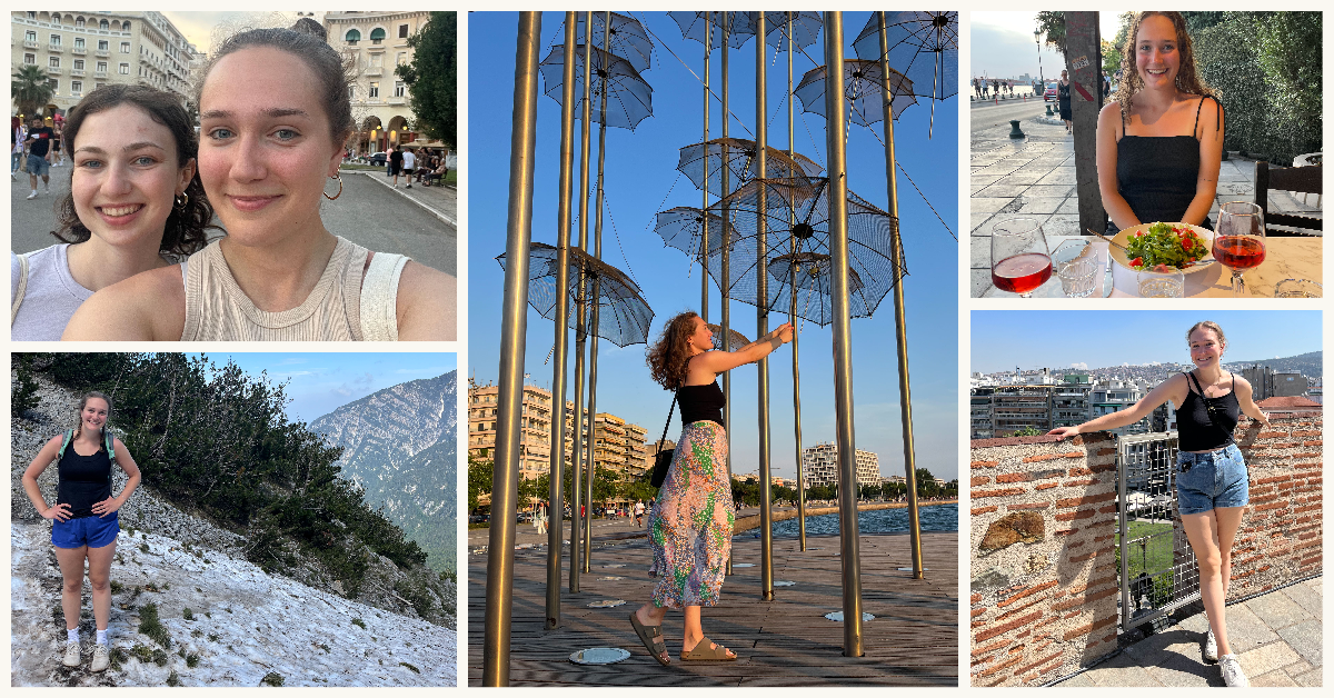 A collage of photos of Salem State student Ella Speidel during her time studying abroad in Greece. Photos include a selfie with another person, Ella dining, Ella at an art installation, and Ella on top of Mount Olympus.