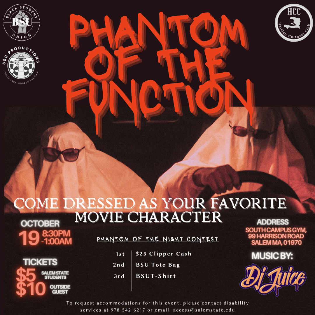 Phantom of the Function flyer that depicts two people dressed as ghosts, drivin…