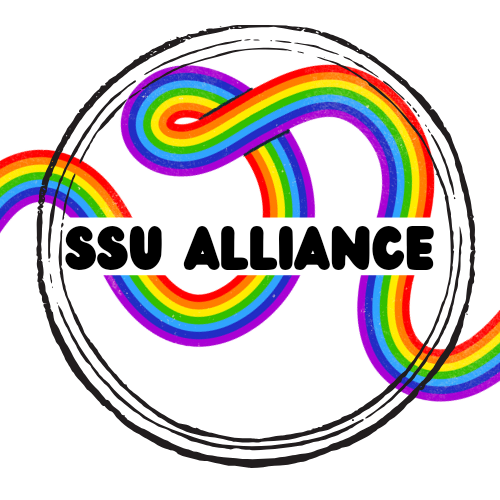 SSU Alliance's Logo, surrounded by a black circle with a rainbow twisting through it.