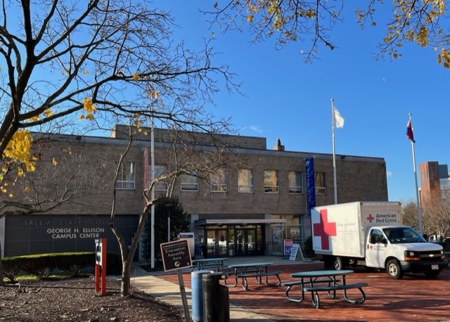 Red Cross truck unloading supplies in front of the Ellison Campus Center