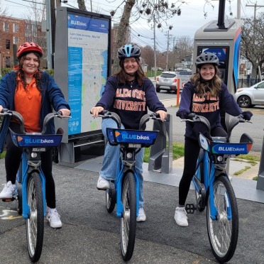 Three Students riding bluebikes