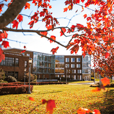 A crisp fall day on Salem State's Central Campus with a sunset view of Viking Hall