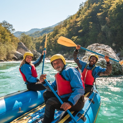 A group of kayakers on a river