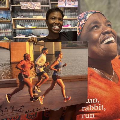 Tiffany Chenault collage of headshot and her running a race