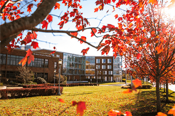A crisp fall day on Salem State's Central Campus with a sunset view of Viking Hall