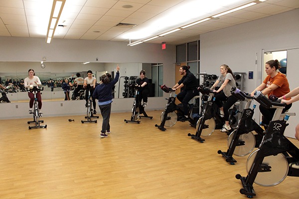 A spin class at the Gassett Fitness Center