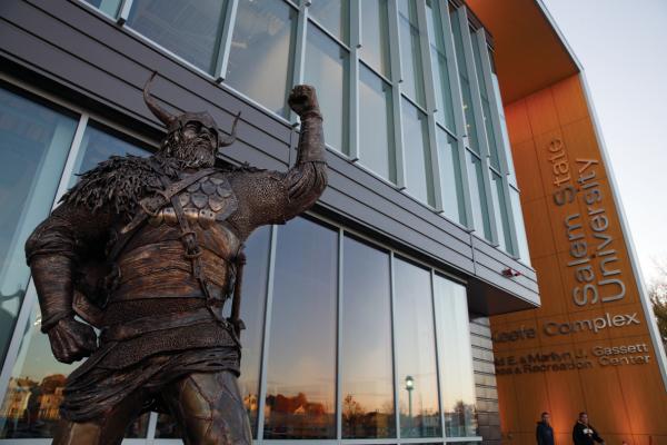 Viking statue in front of fitness center.