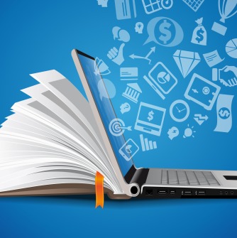 Open laptop with a book on the back side and icons flying out of the front (books, money, speech bubbles, etc.)