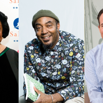 Headshots from left to right: LVCC Inc. President and CEO Pamela Scott; cartoonist and social activist Keith Knight ‘90; Eastern Bank Chief Executive Officer and Chair of the Board Bob Rivers